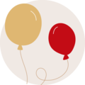 To glade ballonger i gult og rødt på lys bakgrunn.