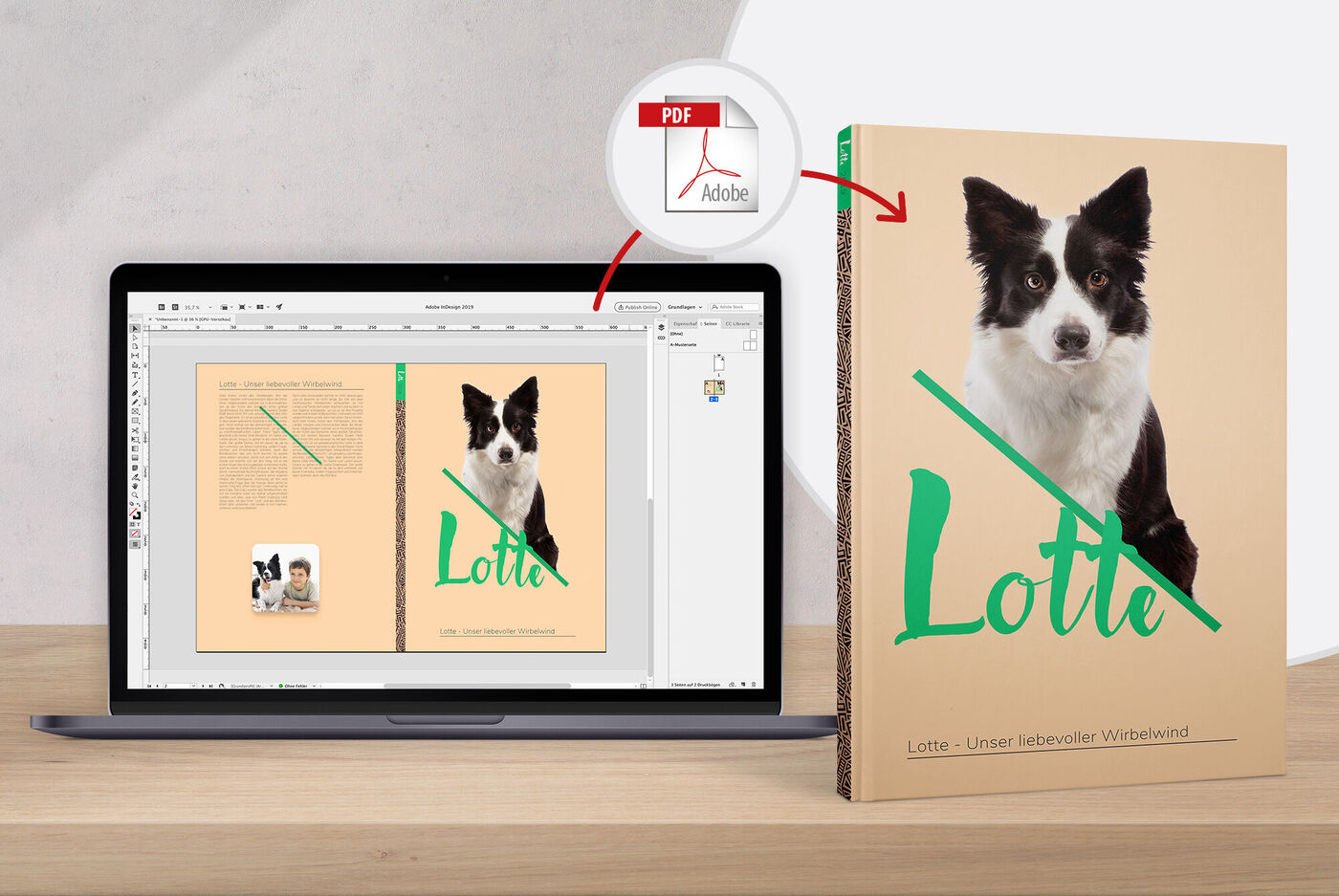 En laptop viser en side av CEWE fotobok med en hund og tittelen „Lotte“.